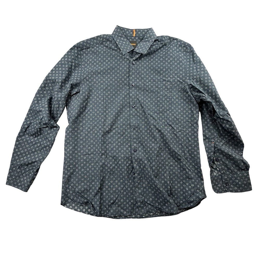 BOSS Mens XL Navy Geometric Print Button Front Shirt‎ Long Sleeve